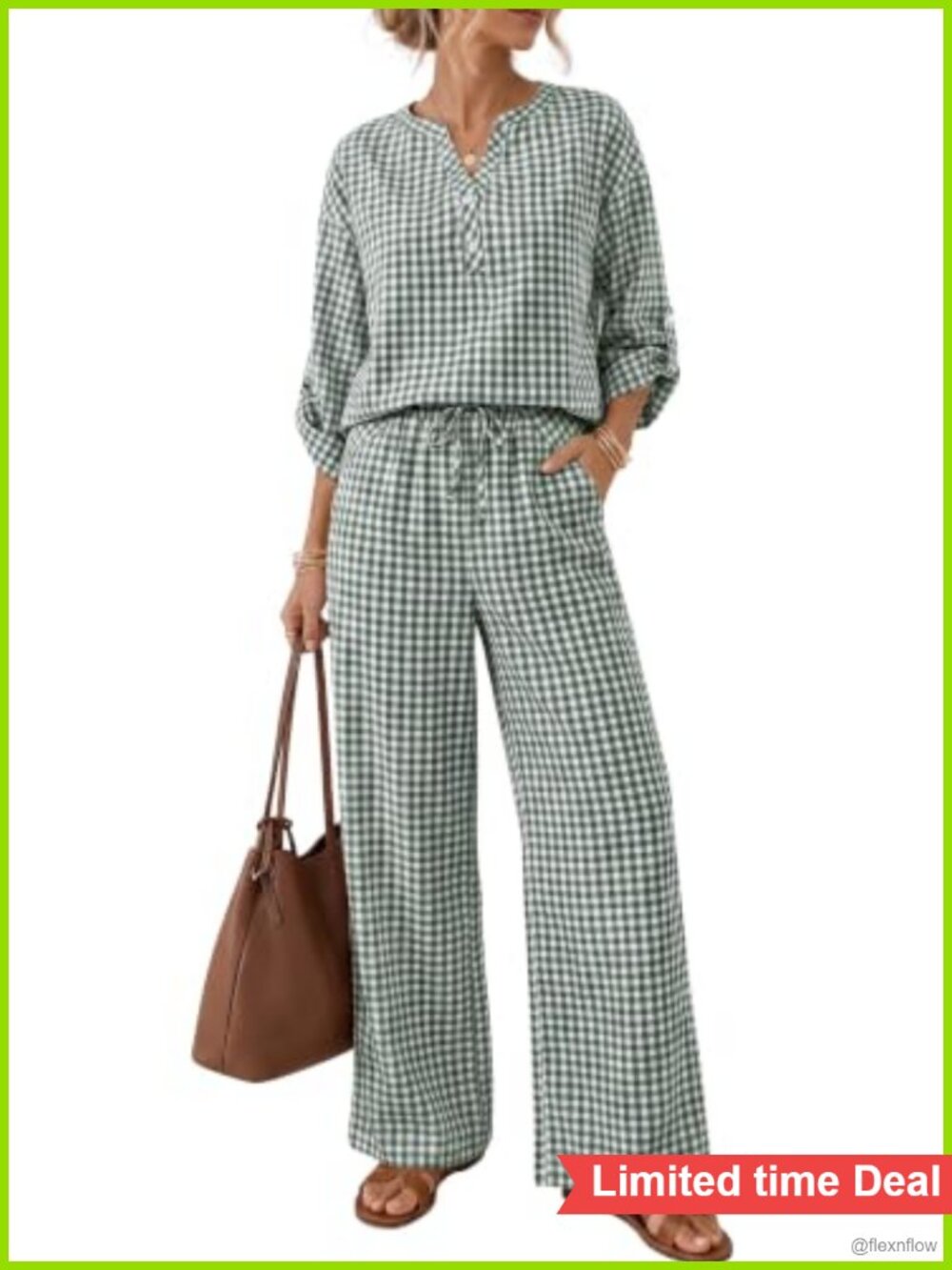 100% Cotton 2 Piece Outfit Gingham V-Neck Top & Wide Leg Pants Set